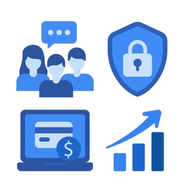 Finans, dijital güvenlik, analitik ve takım iletişimi temalı modern bir iş simgesi.