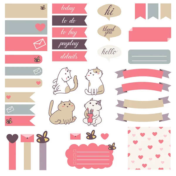 Aranyos macskák és szív mintás, pasztell színű — Stock Vector