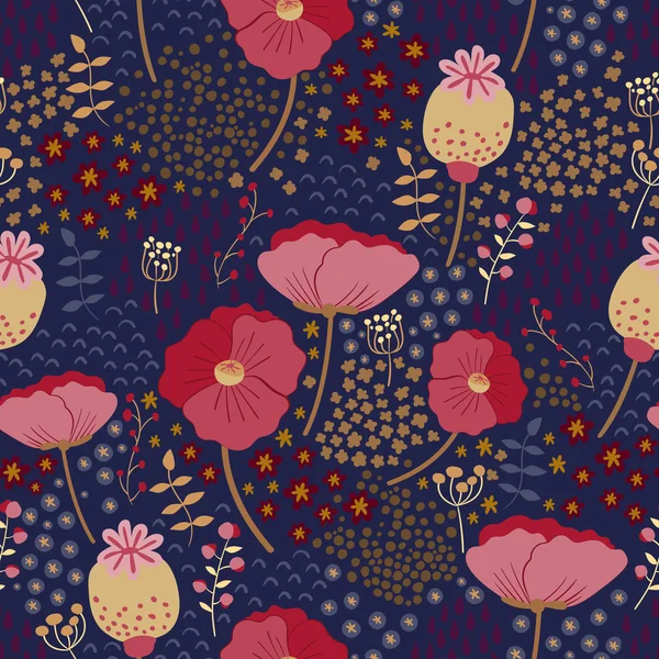 Motif floral vectoriel dans le style doodle avec des fleurs et des feuilles. — Image vectorielle