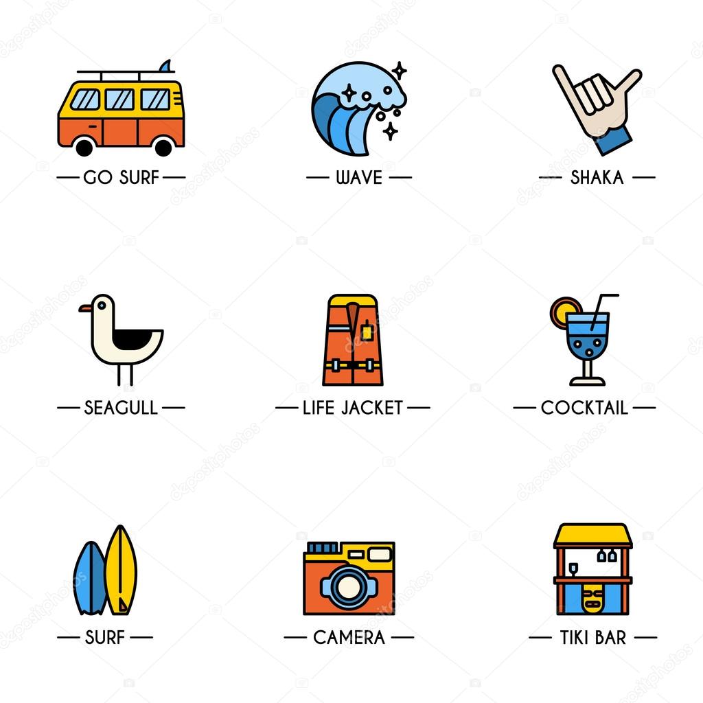 Line style logotype template with summer and beach elements - vw bus, wave, bar. Travel and vacation concept. Isolated on background.