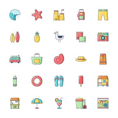 Düz çizgi stili vektörü yapılan yaz simgeleri.