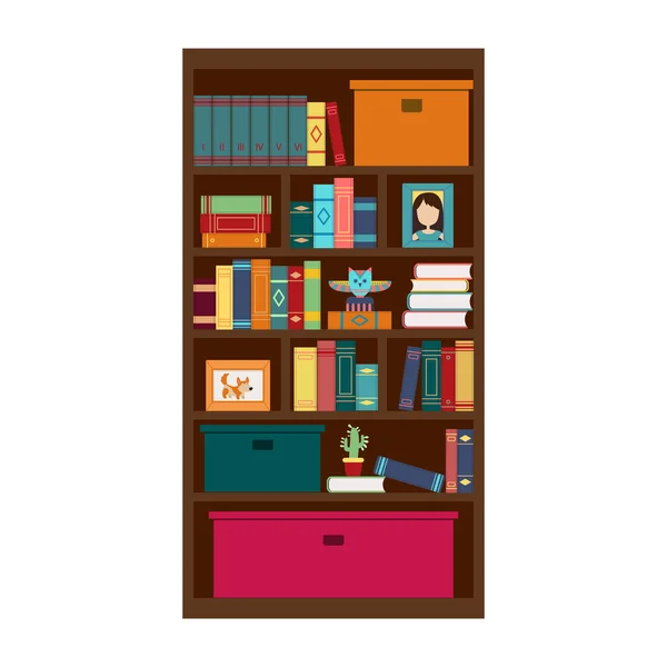 Llustration avec des livres colorés sur les étagères en design plat st — Image vectorielle