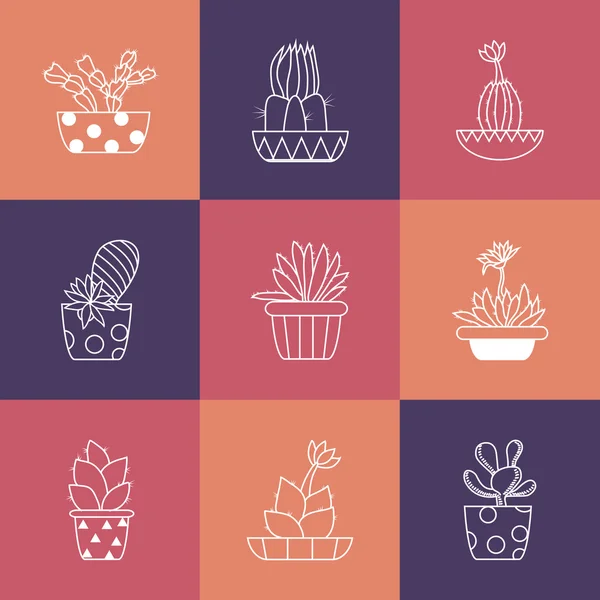 Conjunto dibujado a mano de cactus en las ollas . — Vector de stock