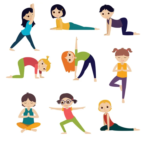 Girls and boys doing yoga. Cute yoga kids set. — Stock Vector