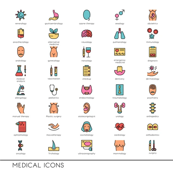 Iconos de línea plana vectorial con símbolos médicos especialización — Archivo Imágenes Vectoriales