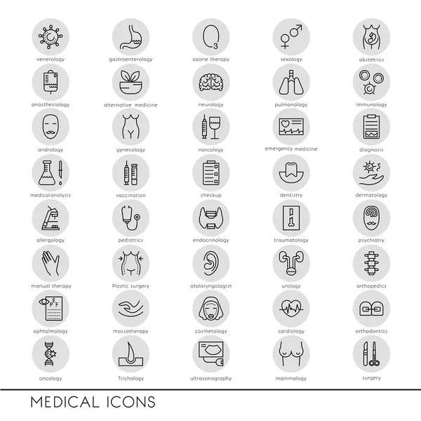 Iconos de línea vectorial con especialización en símbolos médicos . — Vector de stock