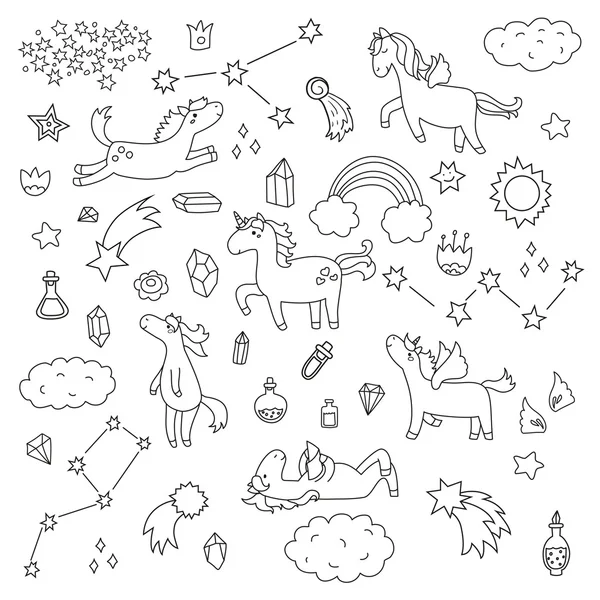 Cute unicorn and pony collection with magic items — Stock Vector