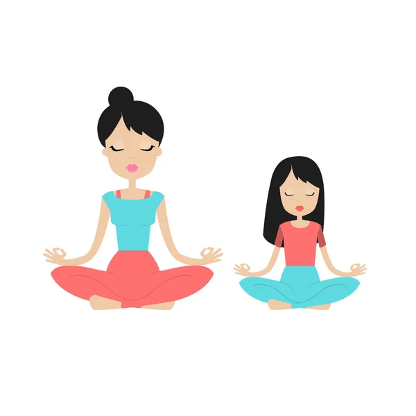 Mujer joven meditando con su hijo . — Vector de stock