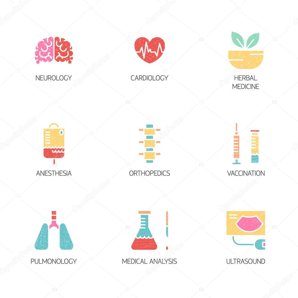 Flat style logotype template with medical symbols specialization. Isolated on background. Logo for your business. Clean and minimalistic symbol. Medicine concept.