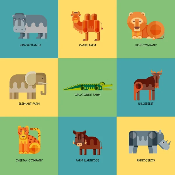 Vector set of different geometric flat african animals icons — Stock Vector