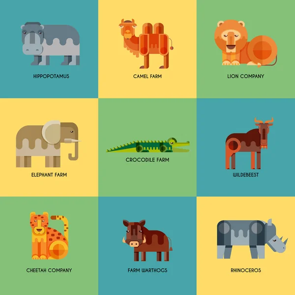 Conjunto vectorial de diferentes iconos geométricos planos de animales africanos — Vector de stock