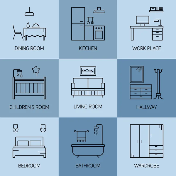 Set of line vector interior design room types icons. — Stock Vector