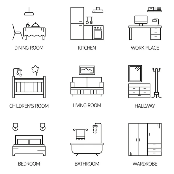 Conjunto de linha vetorial design de interiores tipos de quarto ícones . —  Vetores de Stock