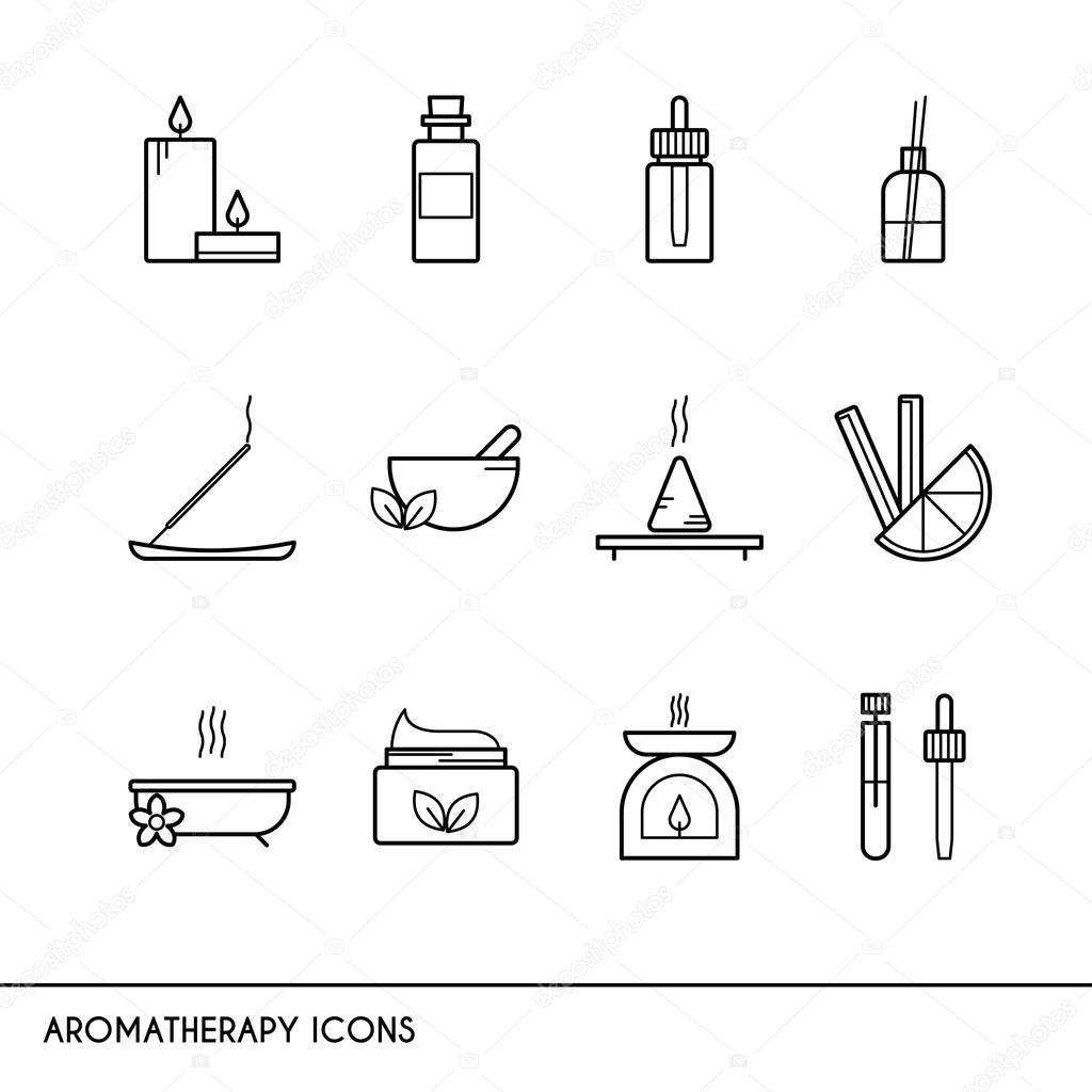 Vector line icons with aromatherapy symbols. Line icons of incense, candles, oil burner, essential oil and other.