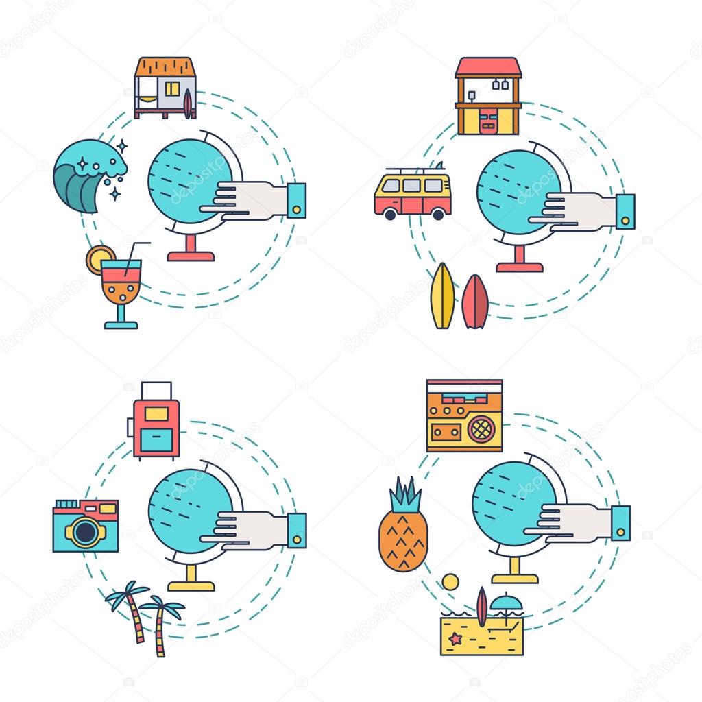 Illustration of symbols summer objects and surfing items.