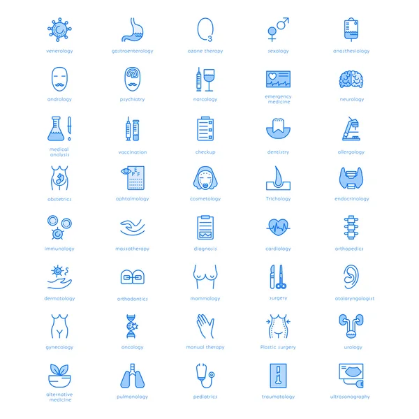 Iconos de línea vectorial con especialización en símbolos médicos . — Vector de stock