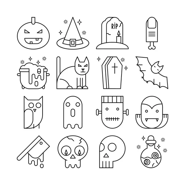 Pictogrammen van de lijn van de vector met halloween symbolen en objecten. — Stockvector