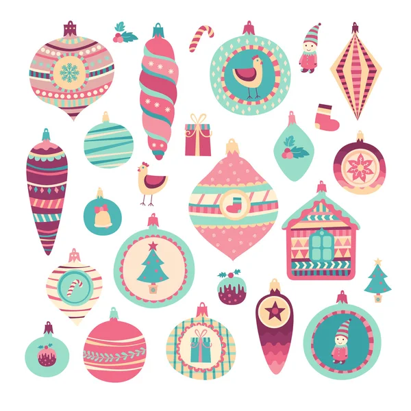 Ensemble de boules de Noël doodle couleur et symboles du Nouvel An . — Image vectorielle