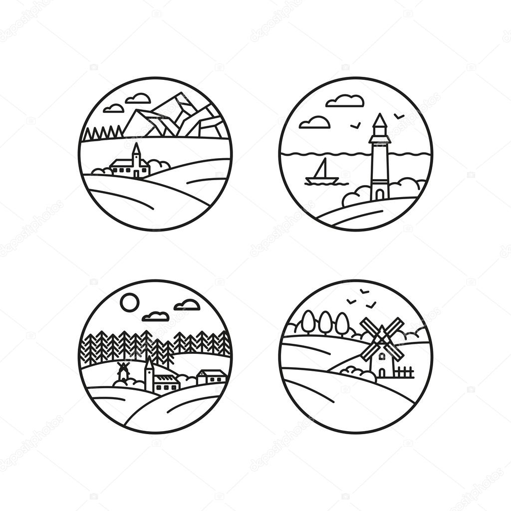 Thin line style icon landscapes. Nature concept.