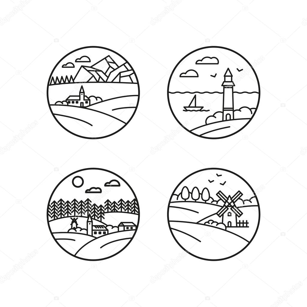 Thin line style icon landscapes with mill, church, forest, mountains, mountains, sea. Logo or label isolated on background. Nature concept.