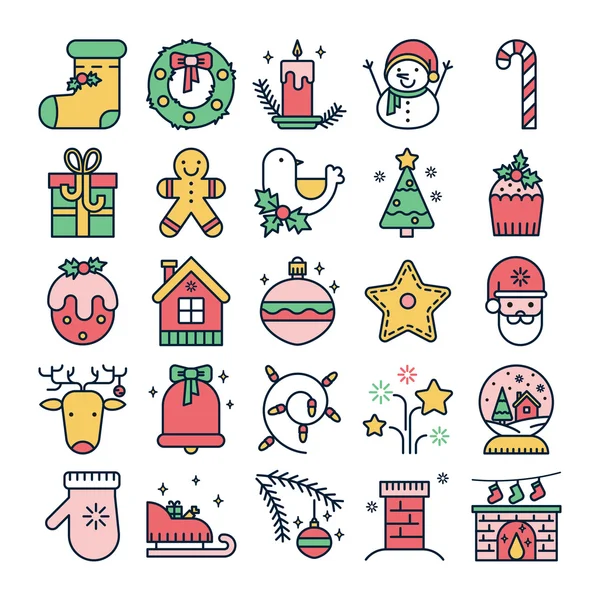 Vektör renkli çizgi kutsal kişilerin resmi ile Noel simgeler ve nesneleri.