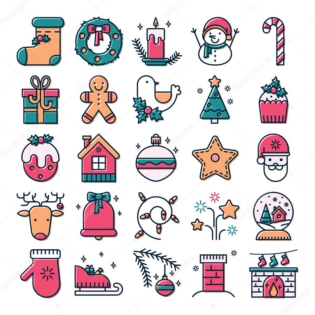 Vector collection of Christmas icons made in modern line style. Colored xmas symbols including snowman, Santa Claus, presents, Christmas tree.