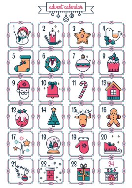 Vektörde Noel yazdırılabilir advent takvimi.