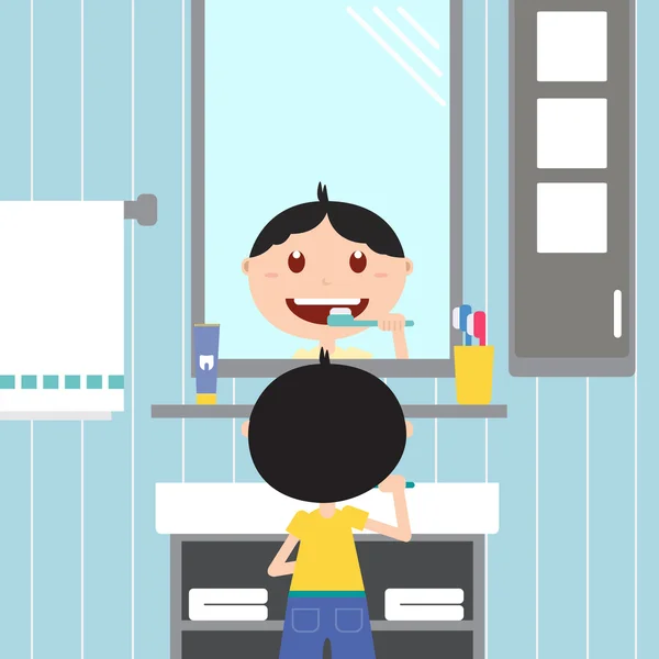 Boy brushing him teeth in the bathroom — Stock Vector