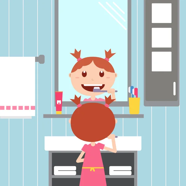 Girl brushing her teeth in the bathroom — Stock Vector