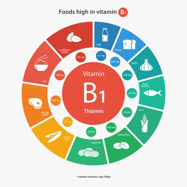 Lebensmittel mit hohem Vitamin-B1-Gehalt — Stockvektor