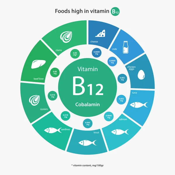 Lebensmittel mit hohem Vitamin-B12-Gehalt — Stockvektor