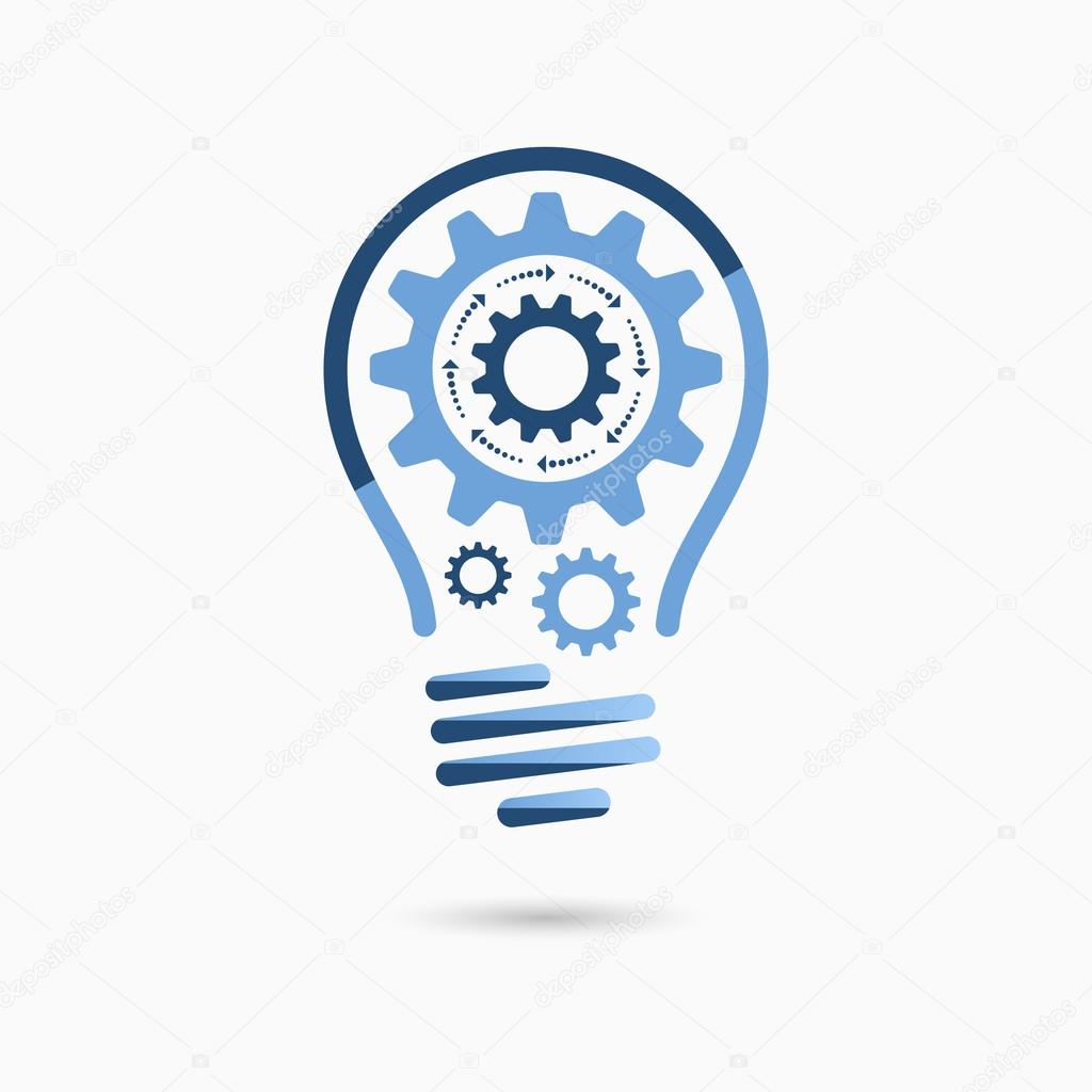 Light bulb idea icon with gears inside.