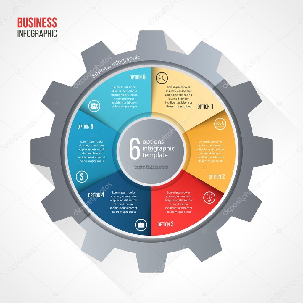 Vector business and industry gear style circle infographic template for graphs, charts, diagrams and other infographics. Business concept with 6 options, parts, steps, processes. Gear style logo.