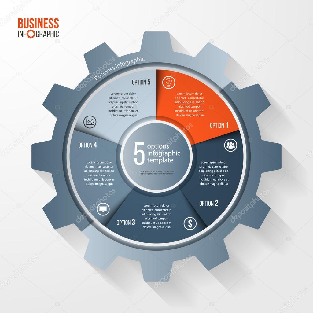 Vector business and industry gear style circle infographic template for graphs, charts, diagrams and other infographics. Business concept with 5 options, parts, steps, processes. Gear style logo.