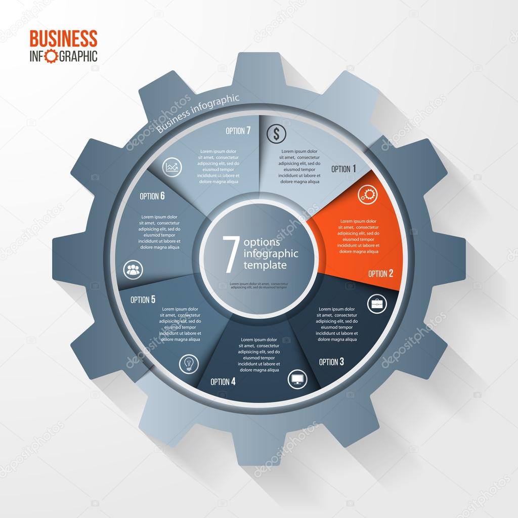 Vector business and industry gear style circle infographic template for graphs, charts, diagrams and other infographics. Business concept with 7 options, parts, steps, processes. Gear style logo.
