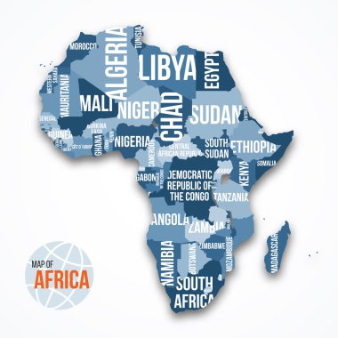 Afrika vektör Detaylı Haritası Kenarlıklar ve ülke adları ile. 