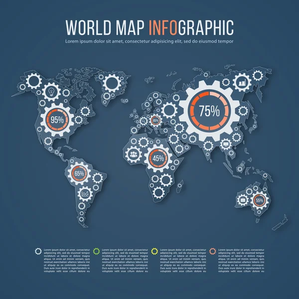 Vector wereld kaart business infographics sjabloon met versnelling merken. — Stockvector