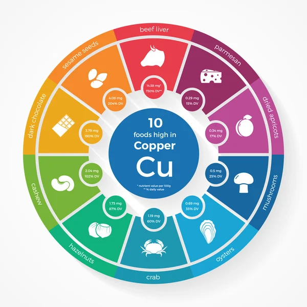 10 aliments riches en cuivre. Infographies nutritionnelles . — Image vectorielle