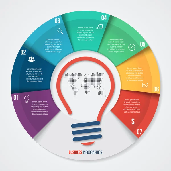 Vektor ötlet kördiagram infographic sablonja, grafikonok, diagramok, ábrák. 7 beállítások, alkatrészek, lép, üzleti koncepció folyamatok. — Stock Vector