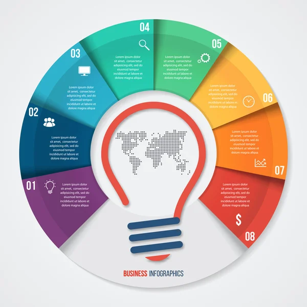 Plantilla de infografía de gráfico circular de ideas vectoriales para gráficos, gráficos, diagramas. Concepto de negocio con 8 opciones, partes, pasos, procesos . — Vector de stock