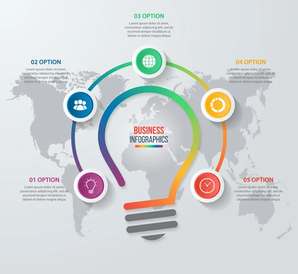 Vector ideia lâmpada círculo infográfico modelo para gráficos, gráficos, diagramas. Conceito de negócio com 5 opções, peças, etapas, processos . — Vetor de Stock