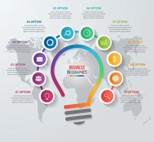 Vector idea light bulb circle infographic template for graphs, charts, diagrams. Business concept with 10 options, parts, steps, processes. — Stock Vector