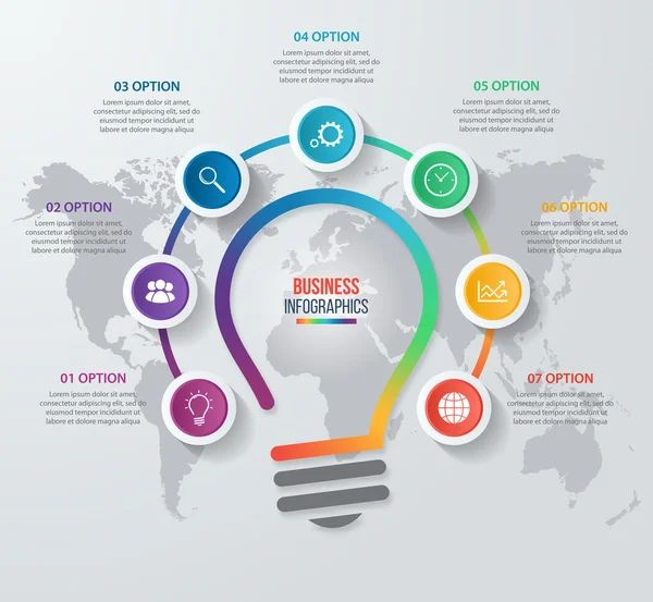 Vector idea bombilla círculo infografía plantilla para gráficos, gráficos, diagramas. Concepto de negocio con 7 opciones, partes, pasos, procesos . — Vector de stock