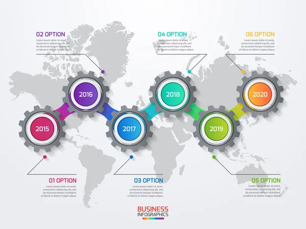 Modelo infográfico vetorial com engrenagens e mapa do mundo . — Vetor de Stock