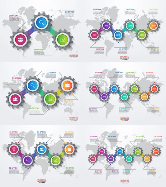 Conjunto de plantillas de infografía vectorial con engranajes y mapa del mundo — Vector de stock