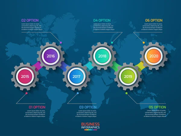 Wektor infografikę szablon z przekładni i mapa świata — Wektor stockowy