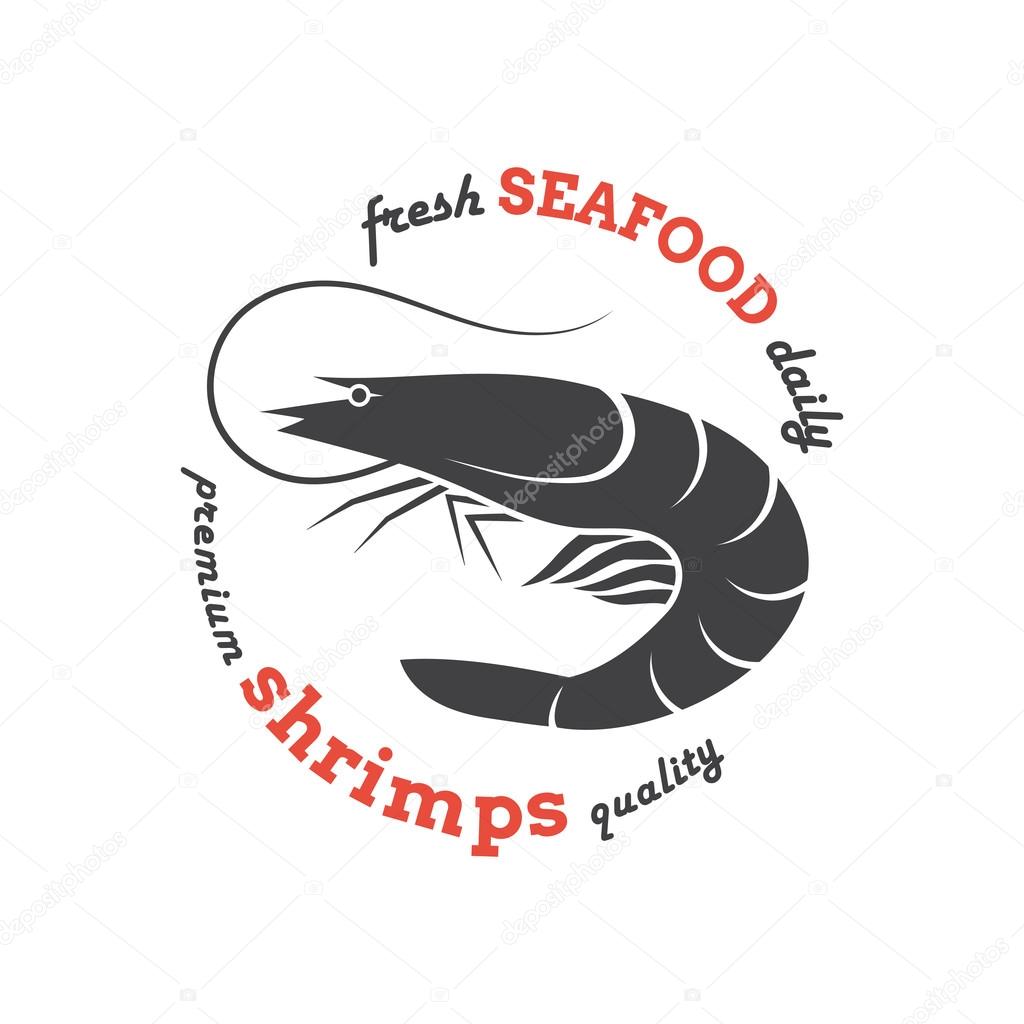 Vector shrimp silhouette. Shrimp logo. Shrimp label. Template for restaurants, stores, food packaging. Seafood illustration.