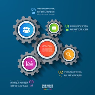 Dişliler, cogwheels vektör Infographic şablonu. İş ve endüstriyel kavramı 4 seçenekleri, parçalar, adımları ile. İnfographics, diyagram, grafik, tanıtım, rapor için kullanılabilir.