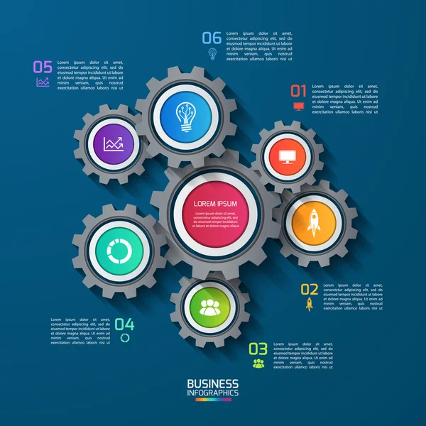 Wektora infographic szablon z koła zębate, koła zębate. Biznesowych i przemysłowych koncepcja z 6 opcje, części, kroki. Mogą być używane do infografiki, wykres i prezentację, diagramu raport. — Wektor stockowy