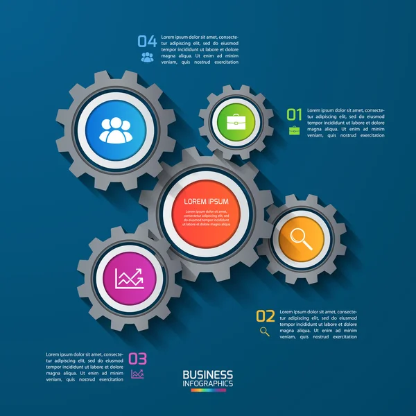 Dişliler, cogwheels vektör Infographic şablonu. İş ve endüstriyel kavramı 4 seçenekleri, parçalar, adımları ile. İnfographics, diyagram, grafik, tanıtım, rapor için kullanılabilir. — Stok Vektör